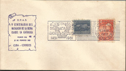 V) 1952 CARIBBEAN, UPAE, 500th ANNIV. OF THE BIRTH OF QUEEN ISABELLA I OF SPAIN, BLUE CANCELLATION, OVER PRINT, FDC - Briefe U. Dokumente