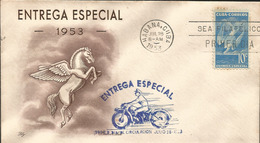 V) 1953 CARIBBEAN, SPECIAL DELIVERY, BLUE CANCELLATION, WITH OVERPRINT IN BLACK, FDC - Lettres & Documents