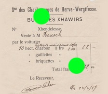 Sté Ses Charbonnages De Herve Wergifosse  Bure Des Xhawirs  XHENDELESSE 1917 Vente à Mr Heusch / RARE - 1900 – 1949