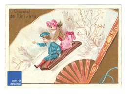 Chromo Dorée Chocolat De L'Univers Éventail Luge Sport Hiver Neige French Victorian Trade Card Range Vintage Dress A25-8 - Sonstige & Ohne Zuordnung