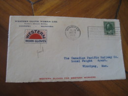 WINNIPEG 1922 Stamp On Cancel Western Work Gloves Frontal Front Cover CANADA - Briefe U. Dokumente