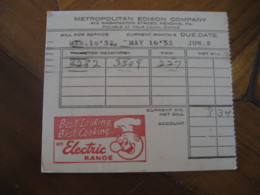 Metropolitan EDISON Company READING 1952 Electricity Physics Advertising BILL For Service Postal Stationery Card USA 1aa - 1941-60