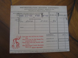 Metropolitan EDISON Company READING 1943 Electricity Physics Advertising BILL For Service Postal Stationery Card USA A6a - 1941-60