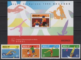 Macau (1996) Yv. 822/25 + Bf. 37  /  Olympic Games - Atlanta - Gymnastics - Boxing - Soccer - Race Ships - Summer 1996: Atlanta
