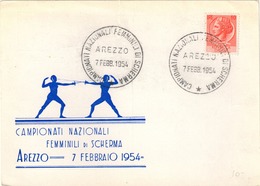 REPUBBLICA ITALIANA - 7.2.1954 CARTOLINA CON ANNULLO CAMPIONATI NAZIONALI FEMMINILI DI SCHERMA AREZZO - 1946-60: Marcophilia