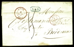 LETTRE PRÉPHILAT. BELGIQUE- LIEGE POUR BORDEAUX PAR VALENCIENNE- 1841- TAXE 15 D. TAMPON BLEU B.4.R- 2 SCANS - 1830-1849 (Belgique Indépendante)