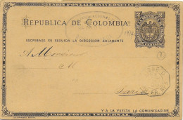 COLOMBIA - 1890 - CARTE De BUCARAMANGA Avec CACHET MARITIME LIGNE D PAQ FR N°3 => PARIS - Colombia