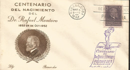 V) 1953 CARIBBEAN, RAFAEL MONTORO VALDEZ, STATESMAN, BIRTH CENTENARY, BLUE CANCELLATION, OVER PRINT - Briefe U. Dokumente