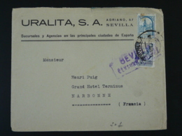 Lettre Censure Censored Cover Sevilla Pour Narbonne Espagne 1937 - Nationalistische Zensur