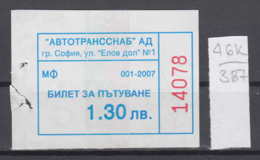 46K387 /  2007 - 1.30 Leva - BUS , Autotranssanab SOFIA , Ticket Billet , Bulgaria Bulgarie Bulgarien Bulgarije - Europa