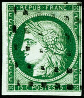 Oblit. N°2b 15c Vert Foncé, Signé Brun Et Roumet TB - 1849-1850 Ceres