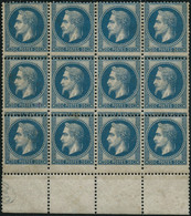 ** N°29A 20c Bleu, Type I Bloc De 12 Bord De Feuille Exceptionnelle, Variété De Piquage Du à Un Décalage Vertical Du Pei - 1863-1870 Napoleone III Con Gli Allori