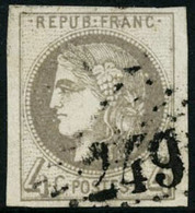 Oblit. N°41A 4c Gris R1, Obl GC  Pièce De Luxe, RARE - TB - 1870 Ausgabe Bordeaux