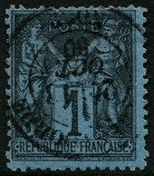 Oblit. N°84 1c Noir S/bleu De Prusse, Nuance Superbe Dentelure Normalement Imparfaite, Signé Calves - B - 1876-1898 Sage (Tipo II)