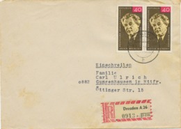 DDR 1965, 40 Pf (Paar) Erich Weinert (Schriftsteller) MeF Auf Pra.-R-Brief Von DRESDEN A26 Nach GUNZENHAUSEN - Briefe U. Dokumente