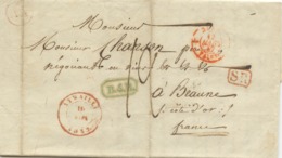 BELGIQUE - CAD AYWAILLE 1847 + SR + BOITE AX ROUGE SUR LETTRE AVEC TEXTE DE COMBLAIN LA TOUR POUR LA FRANCE - Landelijks Post