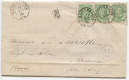 BELGIQUE (N°30 YVERT) X3 CAD MARIEMBOURG 1874 + BOITE AU SUR LETTRE AVEC TEXTE DE FRASNES POUR LA FRANCE - Correo Rural