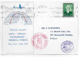 NORVEGE - 1953 - CARTE SPECIAL FLIGHT - VOL SPECIAL OSLO - THULE - ANCHORAGE - SHEMYA - TOKYO (JAPAN) - Cartas & Documentos