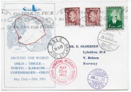 NORVEGE - 1953 - CARTE "AUTOUR DU MONDE" - VOL SPECIAL OSLO - TOKYO (JAPAN) - KARACHI - COPENHAGEN - OSLO - Brieven En Documenten