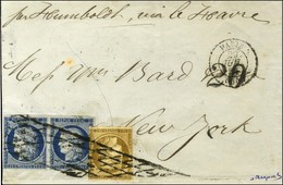 Grille Sans Fin / N° 1 (infime Froissure) + 4 Paire Càd PARIS (60) Sur Lettre Pour New York. Au Verso, Càd Rouge BUREAU  - 1849-1850 Cérès