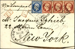 Losange J / N° 14 + 17 Bande De 3, 1 Ex Infime Froissure Càd (J) PARIS (J) 60 Sur Lettre 2 Ports Pour New York. 1857. -  - 1853-1860 Napoleon III