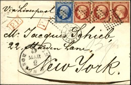 Losange J / N° 14 + 17 Bande De 3, 1 Ex Infime Froissure Càd (J) PARIS (J) 60 Sur Lettre 2 Ports Pour New York. 1857. -  - 1853-1860 Napoleone III