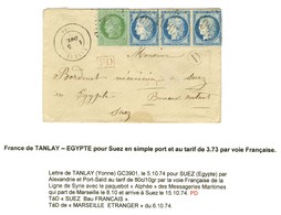 GC 3901 / N° 53 + 60 Bande De 3 Càd T 17 TANLAY (83) Sur Lettre Pour Suez (Egypte). Au Verso, Càd D'arrivée SUEZ / Bau F - 1871-1875 Cérès