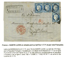 GC 532 / N° 60 (4) Càd BORDEAUX (32) Sur Lettre Pour Ste Lucie. Au Recto, Càd Rouge LIGNE C / PAQ. FR N° 1 Et Càd D'arri - 1871-1875 Ceres