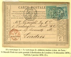 Càd PARIS / ST MANDE PARIS / N° 65 + 75 Sur CP Pour Londres. 1878. - TB / SUP. - 1876-1878 Sage (Typ I)