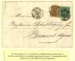 Càd LE HAVRE (74) / N° 69 + 75 Sur Lettre Pour Buenos Ayres. 1879. - TB / SUP. - 1876-1878 Sage (Type I)