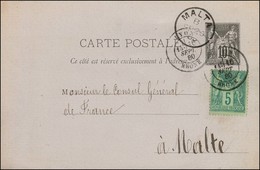 Càd LYON / RHÔNE / EP 10c. + N° 75 Sur Carte Pour Malte, Au Recto Càd D'arrivée. 1880. - TB / SUP. - R. - 1876-1878 Sage (Type I)