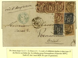 Càd LE HAVRE (74) / N° 69 (2) + 83 (2) + 85 (4) Sur Lettre 2 Ports Pour Pernambouc. 1879. - TB. - R. - 1876-1878 Sage (Typ I)