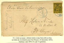 Càd Bleu PARIS (60) / N° 93 Sur Lettre Pour Fort Wayne (Indiana). 1878. - TB / SUP. - 1876-1878 Sage (Type I)