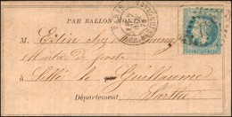 GC 347 / N° 29 Càd PARIS / LES BATIGNOLLES 7 NOV. 70 Sur Ballon Poste N° 1 (saumon) Pour Sillé Le Guillaume, Càd D’arriv - Krieg 1870