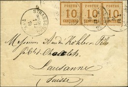 Càd STRASSBURG / IM ELSASS / Alsace N° 5 Bande De 3 Variété Burelage Renversé Sur Lettre Pour Lausanne. 1870. - TB. - R. - Cartas & Documentos
