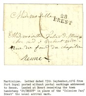 Lettre Avec Texte Daté De Fort Royal Le 15 Septembre 1816 Pour Rennes. Au Recto, Marque Postale D'entrée 28 / BREST. - S - Poste Maritime