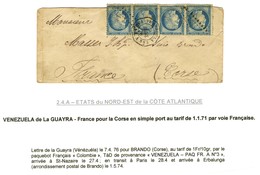 Ancre / N° 60 Bande De 4 (pli) Càd Octo VENEZUELA / PAQ. FR N° 3 Sur Lettre Pour La Corse. 1876. - TB. - R. - Maritime Post