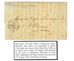 Marque Manuscrite '' Macouba 12 Août 1860 '' Et Grand Càd ST PIERRE MARTINIQUE * 13 AOUT 1860 Sur Lettre Pour St Pierre. - Posta Marittima