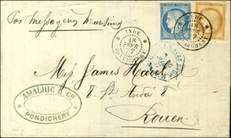 Càd INDE / PONDICHERY / CG N° 19 + 23 (filet Effleuré) Sur Lettre Pour Rouen, Cachet Octo D'entrée Bleu 3 COL. F. V. SUE - Maritime Post