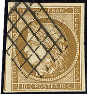 No 1c, Bistre-verdâtre Foncé, Obl Grille, Un Voisin. - TB - 1849-1850 Ceres