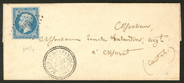 Lettre. No 14Ac, Bleu Sur Azuré, Sur Lettre Avec Cad Perlé De St Alban S. Limaniole Avril 62. - TB - 1853-1860 Napoléon III