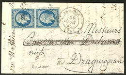 Lettre. No 14Ad, Bleu Sur Vert, Paire Verticale Obl Pc 260 Sur Devant De Lettre Avec Cad 14 De Barjols Juin 55. - TB - 1853-1860 Napoleon III