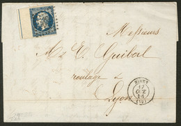 Lettre. Filet D'encadrement. No 14Ai, Bleu Foncé, Sur Lettre De Nîmes Oct 56 Pour Lyon. - TB (cote Maury) - 1853-1860 Napoleone III