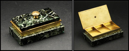 Boîte En Marbre Vert, Intérieur Et Cerclage En Bronze Doré, 3 Comp., 90x50x40mm. - TB - Boites A Timbres