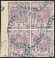 Indochine. Timbre Dimension 20c Violet, Bloc De Quatre Bdf Obl Grand Cachet Bleu "Trésorerie De Cochinchine Saïgon". - T - Autres & Non Classés