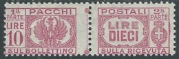 1946 LUOGOTENENZA PACCHI POSTALI 10 LIRE MH * - UR42-7 - Colis-postaux