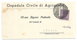 AMG002 - Modulo Dell'ospedale Civile Di Agrigento Con 50 Cent. AMGOT 27.12.1943 - DA AGRIGENTO A LICATA (AGRIGENTO) - Anglo-american Occ.: Sicily