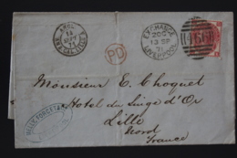 Great Britain: Cover SG 92 Plate 6 Exchange Liverpool  To Lille  France 1871 PD In Red - Briefe U. Dokumente