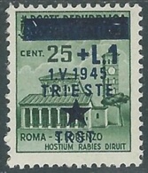 1945 OCCUPAZIONE JUGOSLAVA TRIESTE 1 LIRA SU 25 CENT MH * - UR43-2 - Occ. Yougoslave: Trieste