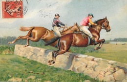 Hippisme: Course Steeple Chase - Illustration 2 Jockeys Et Leurs Chevaux - Carte Gaufrée - Reitsport